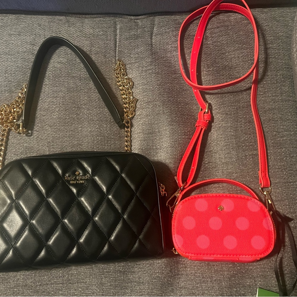 Kate Spade Black Quilted Crossbody Bag with Gold Chain & Red Mini Bag